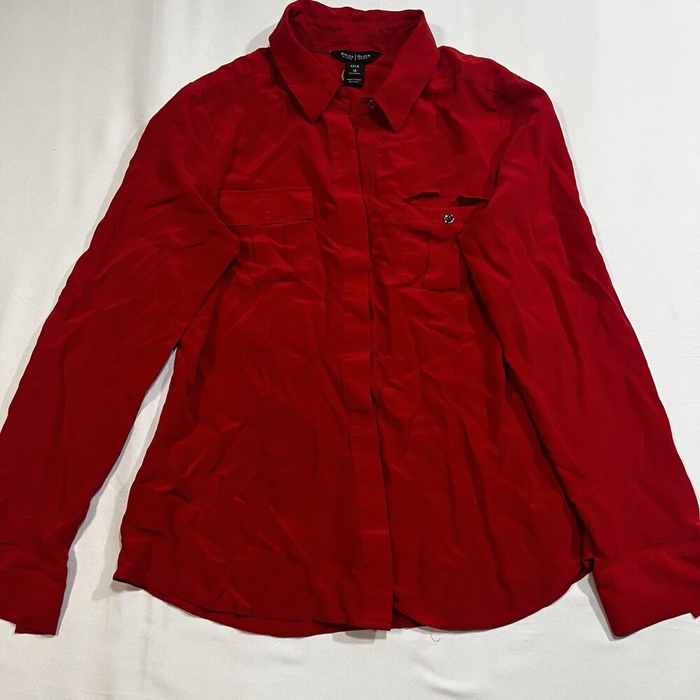 White House Black Market Silk Blouse Womens 100% Silk Red Button Up Shirt 10